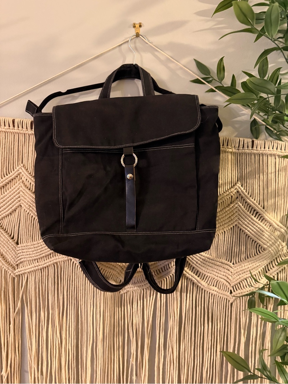 Black Canvas Women's Backpack with Ring-Tab Closure